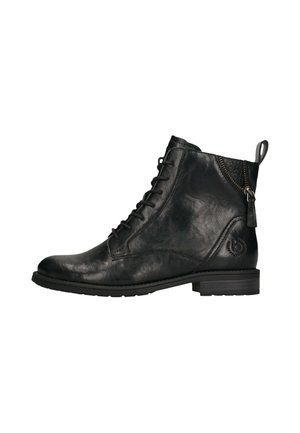 Schwarzer Leder-Stiefelette mit Schnürung vorne, strukturiertem Absatzkragen, seitlichem Reißverschluss, Zuglasche und niedrigem Absatz auf weißem Hintergrund.