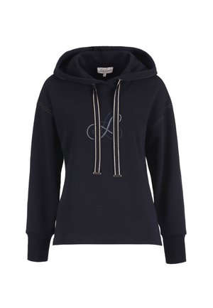 Melna kapuce ar garām piedurknēm, kontrastējošām šuvēm, svītrainām auklām un smalku izšūtu dizainu uz krūtīm.