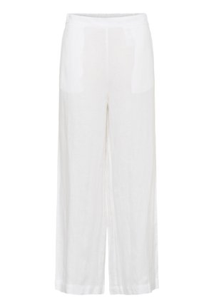 White linen trousers with a relaxed, wide-leg design. Features a smooth waistband and subtle texture, offering a lightweight and airy look.