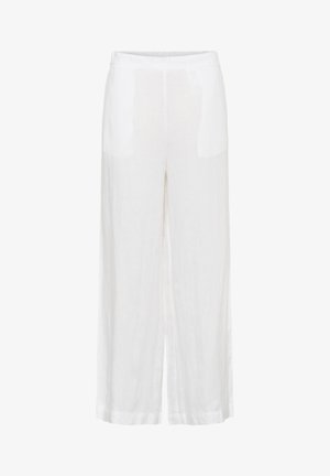 White linen trousers with a relaxed, wide-leg design. Features a smooth waistband and subtle texture, offering a lightweight and airy look.