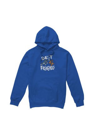 Blue hoodie with front pocket featuring cartoon cats playing and the text "Best Frenemies" on the chest.