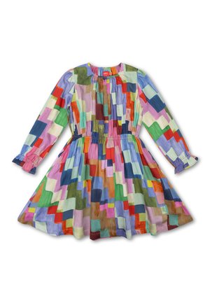Multikleurige jurk met lange mouwen. Heeft een ronde halslijn, elastische taille en geometrische blokpatronen in verschillende tinten. Zachte stof.