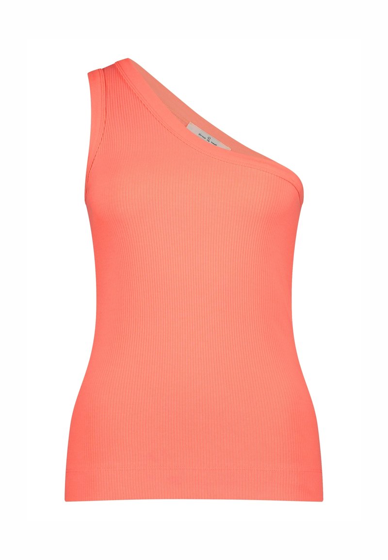 Eén-schouder geribbelde tanktop in helderrood, met een getailleerde pasvorm en een gladde textuur. Geen zichtbare hardware of patronen.
