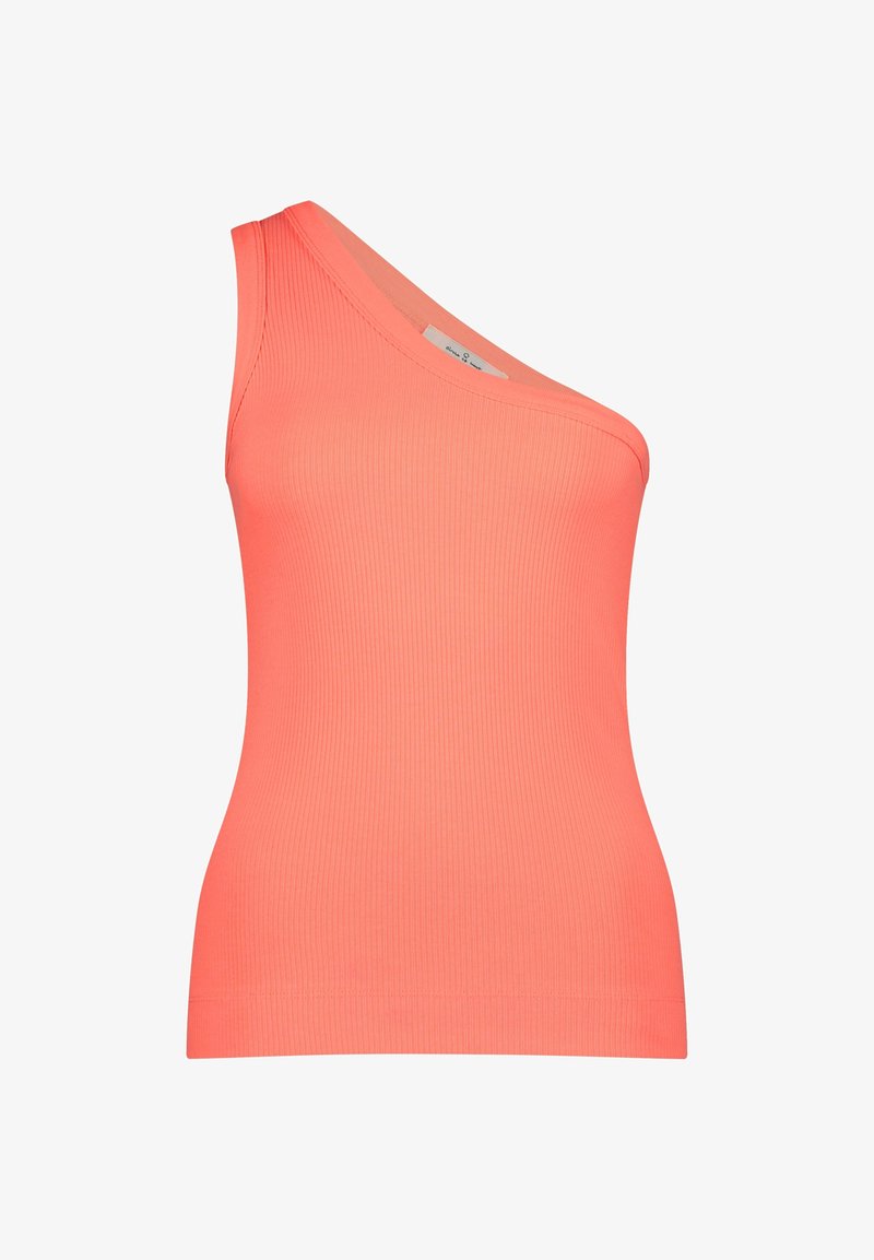 Eén-schouder geribbelde tanktop in helderrood, met een getailleerde pasvorm en een gladde textuur. Geen zichtbare hardware of patronen.