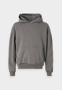 Hanorac gri dintr-un material moale și texturat. Prezintă o buzunar frontal, glugă și manșete și tiv cu aspect texturat. Design simplu și croială lejeră.