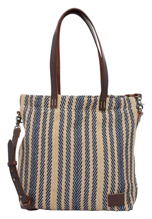 Tkana torba na ramię z granatowymi i beżowymi paskami w jodełkę, z dwoma brązowymi skórzanymi uchwytami i odpinanym skórzanym paskiem na ramię.