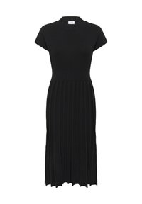 Black knitted dress with short sleeves, a fitted bodice, and a pleated skirt. Features a round neckline and ribbed texture across the upper.