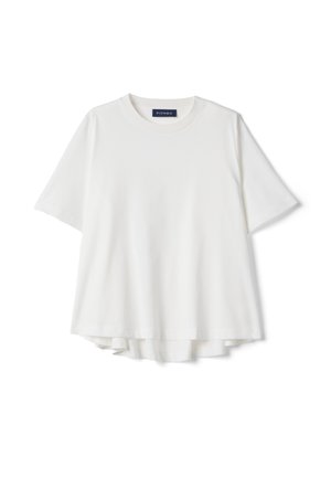 T-shirt bianca in cotone a maniche corte con scollo rotondo e orlo stratificato leggermente più lungo, con etichetta interna al collo con la scritta "PIOMBO".