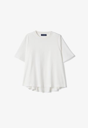 T-shirt bianca in cotone a maniche corte con scollo rotondo e orlo stratificato leggermente più lungo, con etichetta interna al collo con la scritta "PIOMBO".