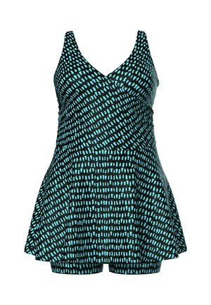 Zwarte zwempjurk met een V-hals, voorzien van een turkoois gestippeld patroon. A-lijnvorm met een korte broek eronder voor bedekking. Glad stoftextuur.