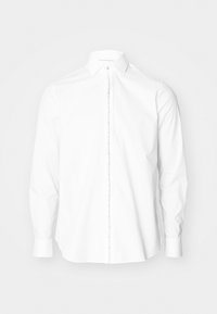 Camicia bianca a maniche lunghe con colletto classico, caratterizzata da un orlo dritto e una patta dei bottoni testurizzata. Finitura del tessuto liscia.