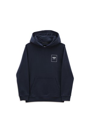 Navy blue hoodie made of soft cotton, featuring a front kangaroo pocket, a drawstring hood, and a white Vans logo patch on the chest.