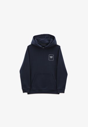 Sweat à capuche bleu marine en coton doux, avec une poche kangourou avant, une capuche à cordon de serrage et un patch logo Vans blanc sur la poitrine.