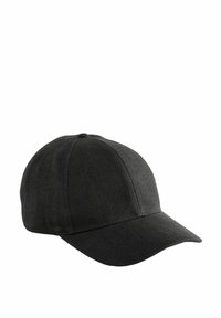Black cap made of textured fabric, featuring a curved peak, six-panel design, and embroidered ventilation eyelets.