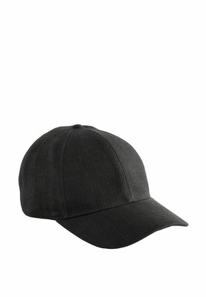 Black cap made of textured fabric, featuring a curved peak, six-panel design, and embroidered ventilation eyelets.