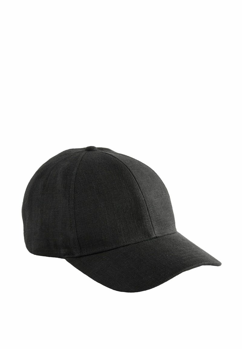 Black cap made of textured fabric, featuring a curved peak, six-panel design, and embroidered ventilation eyelets.