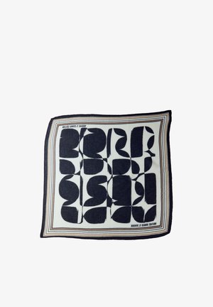 Firkantet tørklæde med sorte abstrakte former på hvid baggrund og stribet kant, tekst "ARCHIVE // SCAMBI EDITION" i hjørnerne.