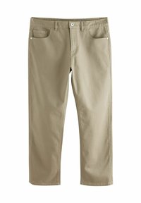 Pantalon droit en khaki en mélange de coton ; présente un design classique à cinq poches et un accent de bouton en métal. Texture lisse, poids moyen.