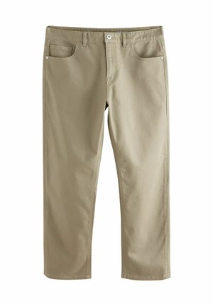 Pantalon droit en khaki en mélange de coton ; présente un design classique à cinq poches et un accent de bouton en métal. Texture lisse, poids moyen.