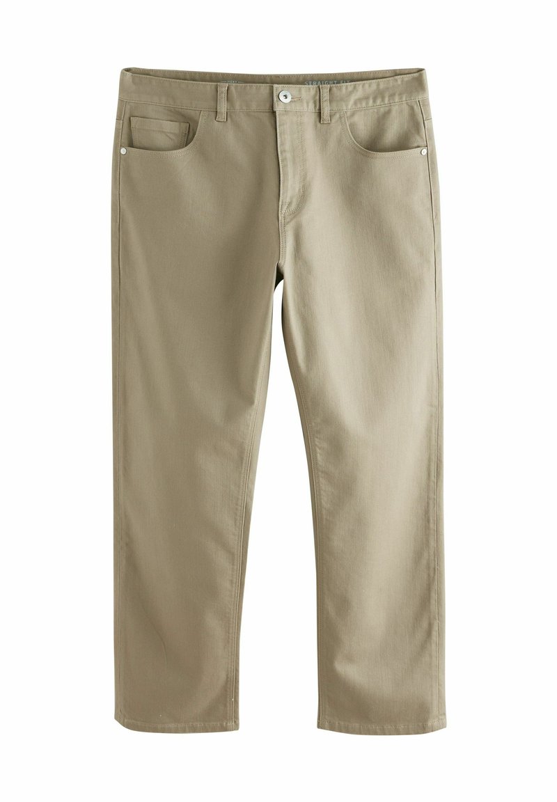 Pantalon droit en khaki en mélange de coton ; présente un design classique à cinq poches et un accent de bouton en métal. Texture lisse, poids moyen.