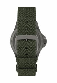 Timex-ur med en mørkegrøn vævet stofrem, der har et gråt urkasse, tekstureret urskive og spænde med nålelås.