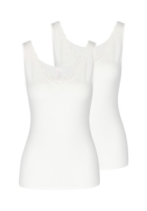 Due canottiere bianche da donna senza maniche con rifinitura in pizzo sullo scollo a V, mostrate su uno sfondo semplice.