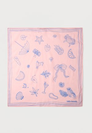 Pinkki neliönmuotoinen huivi, jossa sinisiä viivapiirroksia merieläimistä, hedelmistä, simpukoista, rusetista, cocktail-lasista ja pöllöstä, merkkinä "lollys laundry".
