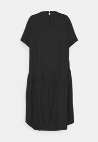 Black short-sleeve midi dress with gathered waist and keyhole button closure at the back against a white background.