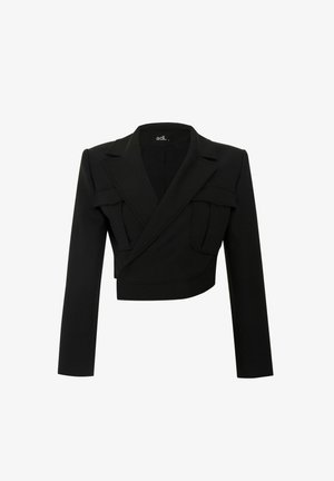 Zwarte cropped blazer met lange mouwen, scherpe revers, twee voorzakken en een gestructureerd ontwerp. Gemaakt van gladde stof met een getailleerde pasvorm.