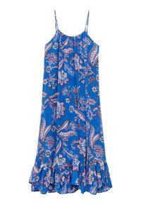 Blaues Blumenkleid mit fließendem Design, Spaghettiträgern, gerafftem Saum und einem Muster aus pinken und weißen Blumen. Weicher Stoff.