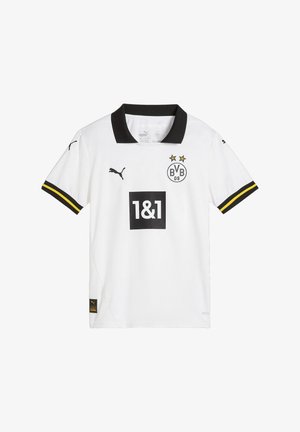 Balta trumpų rankovių futbolo marškinėliai su juodu apykakle, geltonais akcentais rankovėse, su Puma logotipu ir centriniu rėmėjo logotipu.