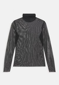 Haut à col roulé noir à manches longues en maille fine transparente avec des panneaux en tissu noir uni sous les bras, présenté à plat sur fond blanc.