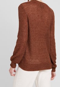 Pull en tricot couleur rouille avec une finition texturée, doté de manches longues et d'une coupe décontractée. Les poignets et l'ourlet côtelés ajoutent une touche de détail.