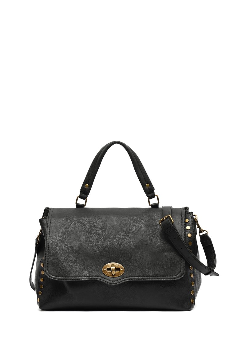 Sac à main en cuir noir avec une finition texturée, quincaillerie dorée et accents de clous décoratifs. Est équipé d'une bandoulière réglable et de poignées supérieures.