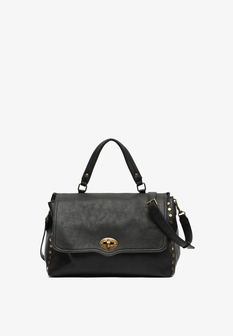 Zwarte leren handtas met een gestructureerde afwerking, gouden hardware en decoratieve studs. Voorzien van een verstelbare schouderriem en bovenhandvatten.