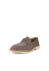 Graue Wildleder-Loafer mit rundem Zehenbereich, genähten Details, Lederfutter und einer leichten Gummisohle. Verfügt über einen dekorativen Penny-Riemen.