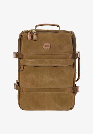 Cartella in pelle marrone con manico superiore, due tasche con cerniera, cinturini laterali di compressione e logo Brics al centro sul davanti.