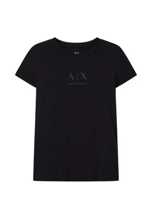 Czarna krótka koszulka Armani Exchange z okrągłym dekoltem i subtelnym logo "A|X Armani Exchange" nadrukowanym na piersi.