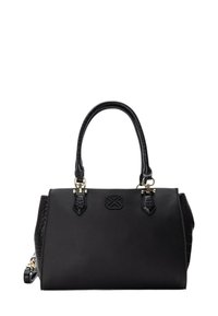 Borsa nera realizzata in pelle testurizzata con finitura liscia, dotata di manici doppi, accessori in oro e pannello laterale con effetto cocco.