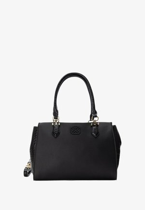 Borsa nera realizzata in pelle testurizzata con finitura liscia, dotata di manici doppi, accessori in oro e pannello laterale con effetto cocco.