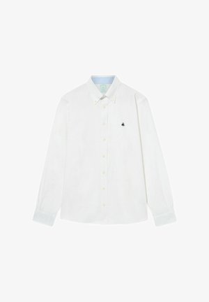 Weißes Langarmhemd aus weichem Stoff mit Button-Down-Kragen, ausgestattet mit gelben Knöpfen und einem kleinen blauen Logo auf der linken Brust.