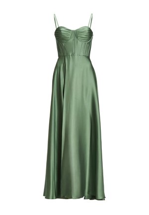 Groene satijnen avondjurk met een aansluitende, geplooide buste, dunne schouderbandjes en een vloeiende rokkende lange rok.
