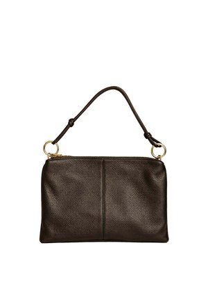 Polsino in pelle marrone scuro con texture, anelli metallici dorati e cinturino annodato, chiusura superiore con zip.