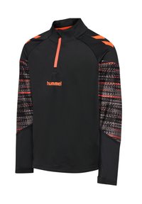 Black long-sleeve athletic shirt with a high collar, orange accents, and patterned sleeves. Features a half zipper and logo on the front.