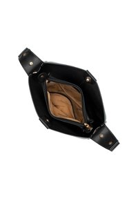 Black leather handbag with a structured shape, featuring a zippered pocket inside and gold hardware accents. Interior lined in tan fabric.
