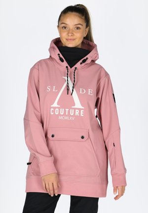Rosa Kapuzenpullover mit großem weißem Logo, Vordertasche mit schwarzen Knöpfen und Kordelzügen. Weiches Material, lockere Passform und lange Ärmel.