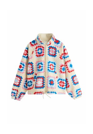 Fleece jacket with a high collar, zip closure, and diamond pattern in red, blue, pink, and cream. Features elastic cuffs and drawstring hem.