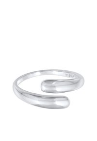 Silberne verstellbare Ring mit einem glatten, geschwungenen Design, das zwei abgerundete Enden aufweist. Markiert mit "925" für die Qualität von Sterlingsilber.