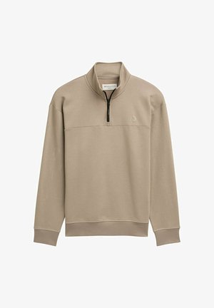 Beige Fleece-Pullover mit einem halben Reißverschlusskragen, gerippten Bündchen und Saum sowie einer Brusttasche. Auf der linken Seite befindet sich ein dezentes Logo.