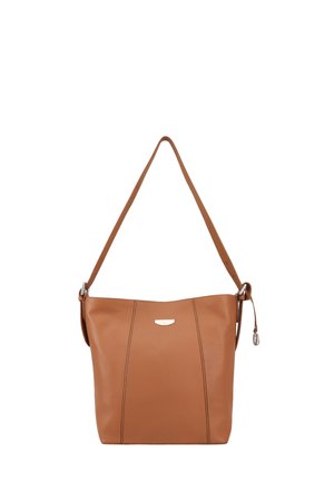 Brown leather shoulder bag with a single strap, vertical stitching, and a small silver logo plate centered near the top.